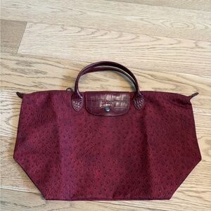 Longchamp Medium Le Pliage Tote in Red Animal Print with Short Handle